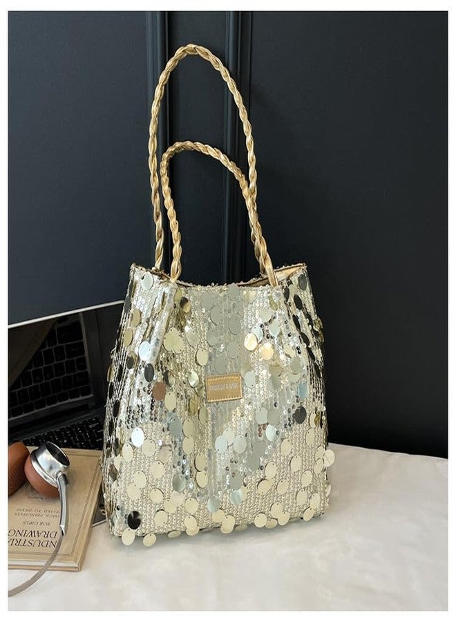 DOSYSO Korean Sequin Hobo Shoulder Hand Bags For Women Stylish Latest Glitter Party Evening Handbags Big Size Tote Bag Fancy Wedding Ladies Purse Braided Handle Sling Side bag Gift For Girls (Gold) - Image 5